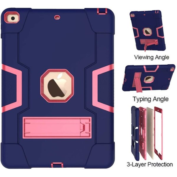 Ntech Hoes geschikt voor 2020 hoes 10.2 - Hoes geschikt voor iPad 2019 hoes Kickstand Armor hoes - Donker Blauw / Pink