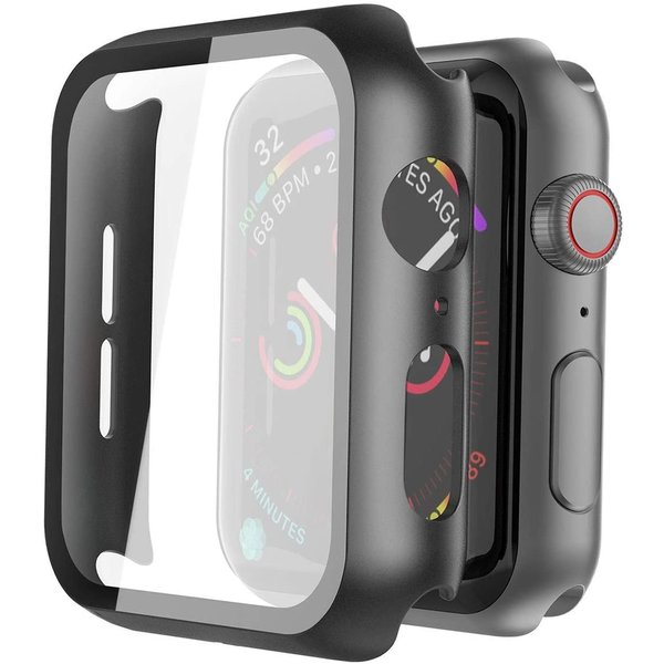 Ntech Apple Watch 44 mm Screenprotector + Apple Watch Hoesje - 4/5/6/SE 44 mm Siliconen hoes TPU Case Transparant / zwart - Volledige 360 Graden Bescherming - Ntech