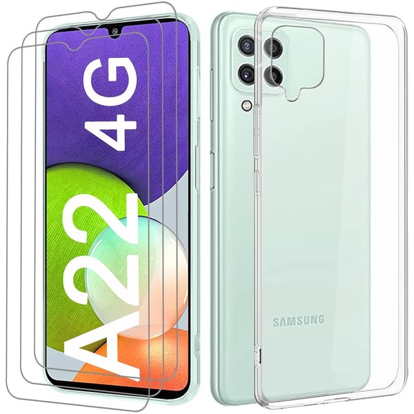 Ntech Hoesje Geschikt Voor Samsung Galaxy A22 4G Hoesje siliconen TPU - Hoesje Geschikt Voor Samsung Galaxy Galaxy A22 4G silicone hoesje transparent case + Galaxy A22 4G Screenprotector 3x Glazen