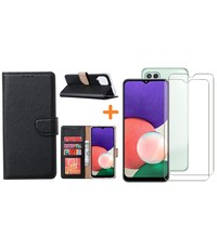 Ntech Samsung A22 5G hoesje bookcase Zwart - Samsung Galaxy A22 5G hoesje portemonnee  boek case - A22 book case hoes cover -  A22 5G screenprotector / 2X tempered glass