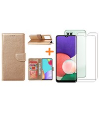 Ntech Samsung A22 5G hoesje bookcase Goud - Samsung Galaxy A22 5G hoesje portemonnee  boek case - A22 book case hoes cover -  A22 5G screenprotector / 2X tempered glass