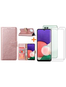 Ntech Samsung A22 5G hoesje bookcase Rose Goud - Samsung Galaxy A22 5G hoesje portemonnee  boek case - A22 book case hoes cover -  A22 5G screenprotector / 2X tempered glass