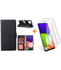 Ntech Samsung A22 4G hoesje bookcase Zwart - Samsung Galaxy A22 4G hoesje portemonnee  boek case - A22 book case hoes cover -  A22 4G screenprotector / 2X tempered glass