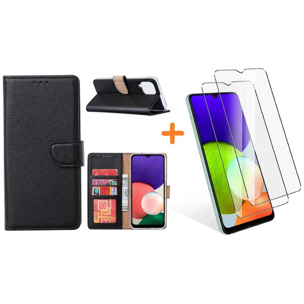 Ntech  Hoesje Geschikt Voor Samsung Galaxy A22 4G hoesje bookcase Zwart Met screenprotector / 2X tempered glass