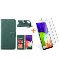 Ntech Samsung A22 4G hoesje bookcase Groen - Samsung Galaxy A22 4G hoesje portemonnee  boek case - A22 book case hoes cover -  A22 4G screenprotector / 2X tempered glass