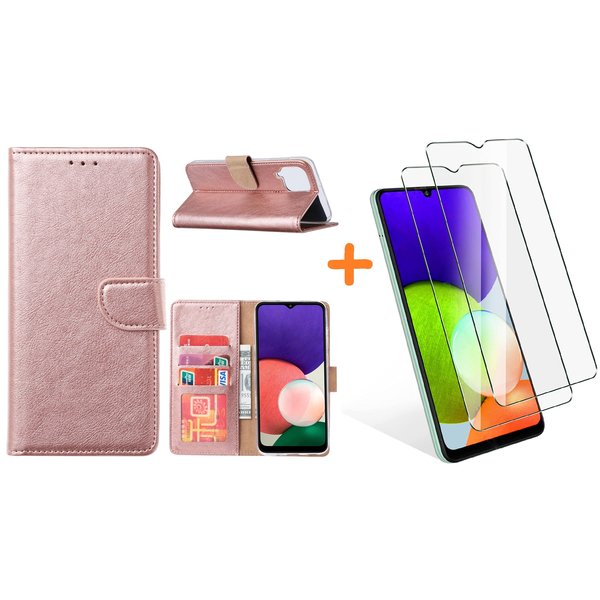 Ntech  Hoesje Geschikt Voor Samsung Galaxy A22 4G hoesje bookcase Rose Goud Met screenprotector / 2X tempered glass