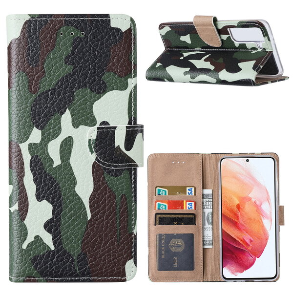 Ntech Hoesje Geschikt Voor Samsung Galaxy S21 Hoesje Camouflage Legerprint - Hoesje Geschikt Voor Samsung Galaxy S21 5G Boekcase / Portemonnee Hoesje - Camouflage Legerprint hoesje Hoesje Geschikt Voor Samsung Galaxy S21 5G