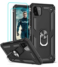 Ntech Samsung A22 Hoesje  Anti-Shock Hybrid Armor hoesje Zwart - Samsung Galaxy A22 5G  kickstand Ring houder TPU backcover hoesje - met screenprotector  Galaxy A22 5G - 2 pack