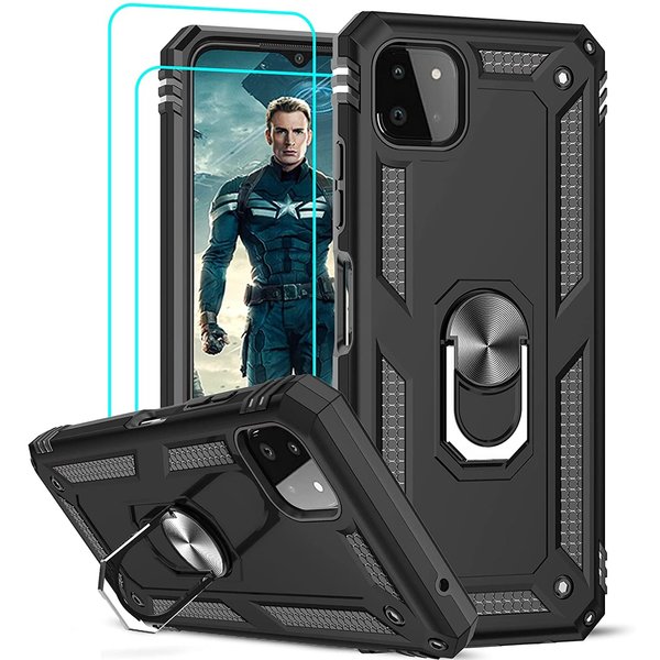 Ntech Hoesje Geschikt Voor Samsung Galaxy A22 Hoesje Anti-Shock Hybrid Armor hoesje Zwart - Hoesje Geschikt Voor Samsung Galaxy A22 5G kickstand Ring houder TPU backcover hoesje - met screenprotector Galaxy A22 5G - 2 pack