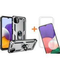 Ntech Samsung A22 Hoesje  Anti-Shock Hybrid Armor hoesje Zliver - Samsung Galaxy A22 5G  kickstand Ring houder TPU backcover hoesje - met screenprotector  Galaxy A22 5G - 2 pack