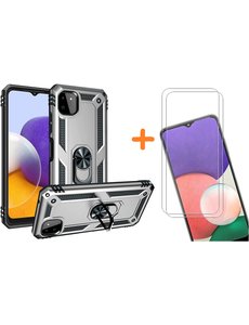 Ntech Samsung A22 Hoesje  Anti-Shock Hybrid Armor hoesje Zliver - Samsung Galaxy A22 5G  kickstand Ring houder TPU backcover hoesje - met screenprotector  Galaxy A22 5G - 2 pack