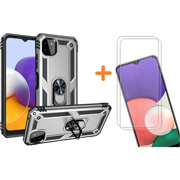 Ntech Hoesje Geschikt Voor Samsung Galaxy A22 Hoesje Anti-Shock Hybrid Armor hoesje Zliver - Hoesje Geschikt Voor Samsung Galaxy A22 5G kickstand Ring houder TPU backcover hoesje - met screenprotector Galaxy A22 5G - 2 pack