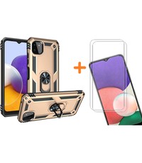 Ntech Samsung A22 Hoesje  Anti-Shock Hybrid Armor hoesje Goud - Samsung Galaxy A22 5G  kickstand Ring houder TPU backcover hoesje - met screenprotector  Galaxy A22 5G - 2 pack