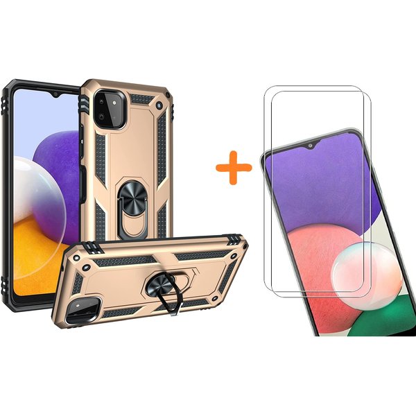 Ntech Hoesje Geschikt Voor Samsung Galaxy A22 Hoesje Anti-Shock Hybrid Armor hoesje Goud - Hoesje Geschikt Voor Samsung Galaxy A22 5G kickstand Ring houder TPU backcover hoesje - met screenprotector Galaxy A22 5G - 2 pack