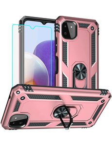 Ntech Samsung A22 Hoesje  Anti-Shock Hybrid Armor hoesje Rose Goud - Samsung Galaxy A22 5G  kickstand Ring houder TPU backcover hoesje - met screenprotector  Galaxy A22 5G - 2 pack