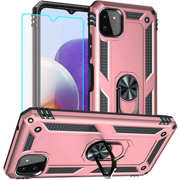 Ntech Hoesje Geschikt Voor Samsung Galaxy A22 Hoesje Anti-Shock Hybrid Armor hoesje Rose Goud - Hoesje Geschikt Voor Samsung Galaxy A22 5G kickstand Ring houder TPU backcover hoesje - met screenprotector Galaxy A22 5G - 2 pack