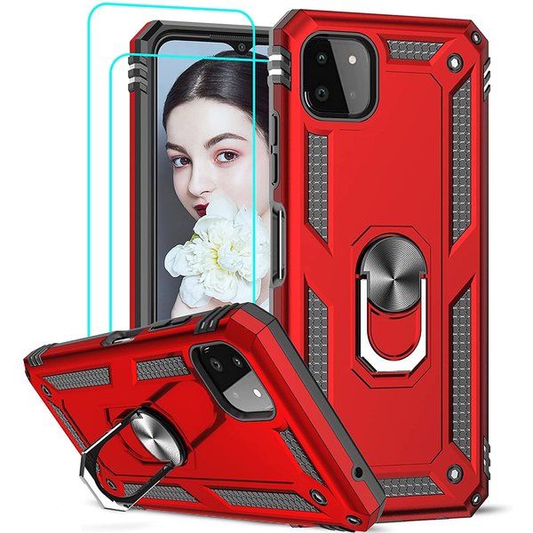 Ntech Hoesje Geschikt Voor Samsung Galaxy A22 Hoesje Anti-Shock Hybrid Armor hoesje Rood - Hoesje Geschikt Voor Samsung Galaxy A22 5G kickstand Ring houder TPU backcover hoesje - met screenprotector Galaxy A22 5G - 2 pack
