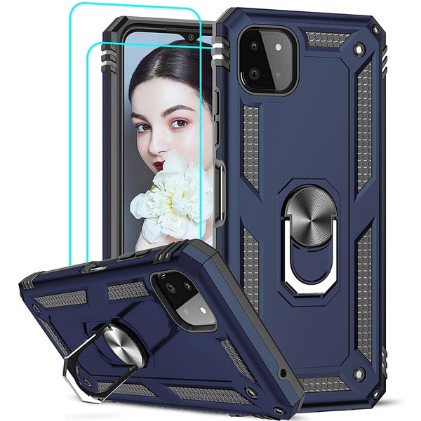 Ntech Hoesje Geschikt Voor Samsung Galaxy A22 Hoesje Anti-Shock Hybrid Armor hoesje Blauw - Hoesje Geschikt Voor Samsung Galaxy A22 5G kickstand Ring houder TPU backcover hoesje - met screenprotector Galaxy A22 5G - 2 pack