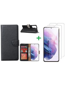 Ntech Samsung Galaxy S21 FE portemonnee hoesje Zwart + 2 screenprotector