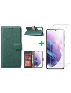 Ntech Samsung Galaxy S21 FE portemonnee hoesje Groen + 2 screenprotector