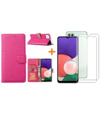 Ntech Samsung A22 5G hoesje bookcase Pink - Samsung Galaxy A22 5G hoesje portemonnee  boek case - A22 book case hoes cover -  A22 5G screenprotector / 2X tempered glass