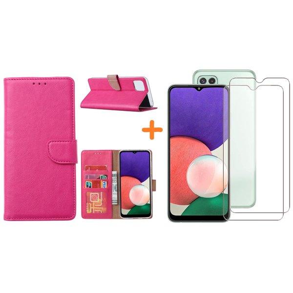 Ntech  Hoesje Geschikt Voor Samsung Galaxy A22 5G hoesje bookcase Pink Met screenprotector / 2X tempered glass
