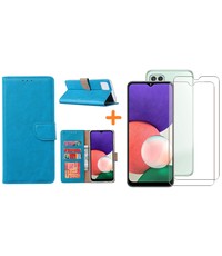 Ntech Samsung A22 5G hoesje bookcase Blauw - Samsung Galaxy A22 5G hoesje portemonnee  boek case - A22 book case hoes cover -  A22 5G screenprotector / 2X tempered glass