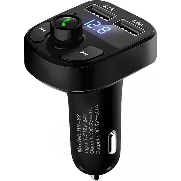 Merkloos  Bluetooth Carkit FM Transmitter om Handsfree te Bellen en Draadloos Muziek te Streamen, Met Volumeknop en Oplaadfunctie Voor 2 Telefoons Tegelijkertijd | Display | Handsfree Bellen | USB Oplader | MP3 Speler | Bluetooth | Aux | TF-Kaart | HY-82