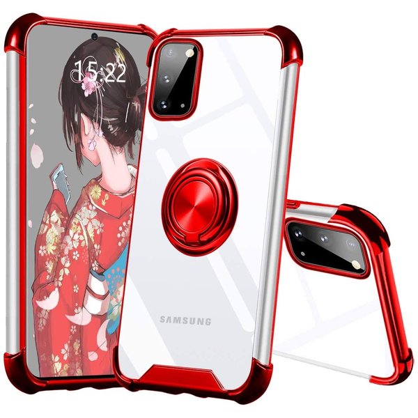 Ntech Hoesje Geschikt Voor Samsung Galaxy S20 hoesje silicone - S20 case - Hoesje Geschikt Voor Samsung Galaxy s20 hoesje anti shock met Ringhouder - Hoesje Geschikt Voor Samsung Galaxy S20 Hoesje Transparant / Rood