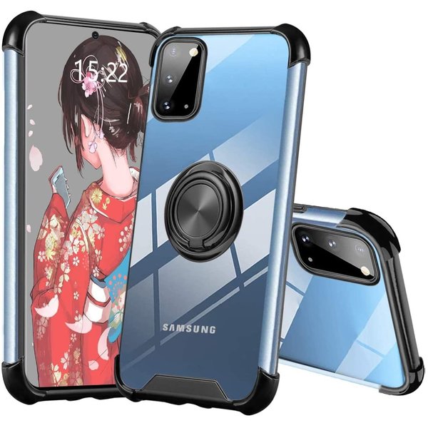 Ntech Hoesje Geschikt Voor Samsung Galaxy S20 hoesje silicone - S20 case - Hoesje Geschikt Voor Samsung Galaxy s20 hoesje anti shock met Ringhouder - Hoesje Geschikt Voor Samsung Galaxy S20 Hoesje Transparant / Zwart