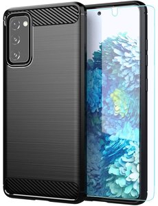 Ntech Samsung Galaxy S20 FE hoesje Geborsteld siliconen Colour TPU Cover Zwart + Screenprotector 1 pack