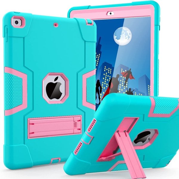 Ntech iPad 2021 Hoes - iPad 2020 hoes - Hoes iPad 2019  - iPad 10.2 hoes  - Schokbestendige Back Cover met kicktand - Hybrid Armor Case Mint / Pink