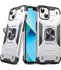 Ntech iPhone 13 Hoesje - Heavy Duty Armor met kickstand ringhouder  Zilver