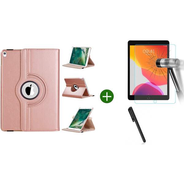 Ntech Hoes geschikt voor iPad 2021/2020/2019 (10.2 inch) draaibaar + screenprotector - tempered glass + stylus pen - Rosegoud