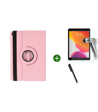 Ntech iPad 2021 hoes - iPad 2020 hoes draaibaar - iPad 2019 hoes - iPad 10.2 hoes + screenprotector - tempered glass + stylus pen - Licht Roze