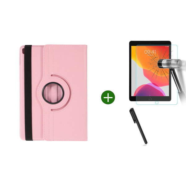 Ntech Hoes geschikt voor iPad 2021/2020/2019 (10.2 inch) draaibaar + screenprotector - tempered glass + stylus pen - Licht Roze