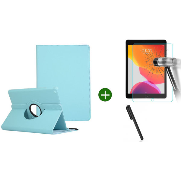 Ntech Hoes geschikt voor iPad 2021/2020/2019 (10.2 inch) draaibaar + screenprotector - tempered glass + stylus pen - Turquoise