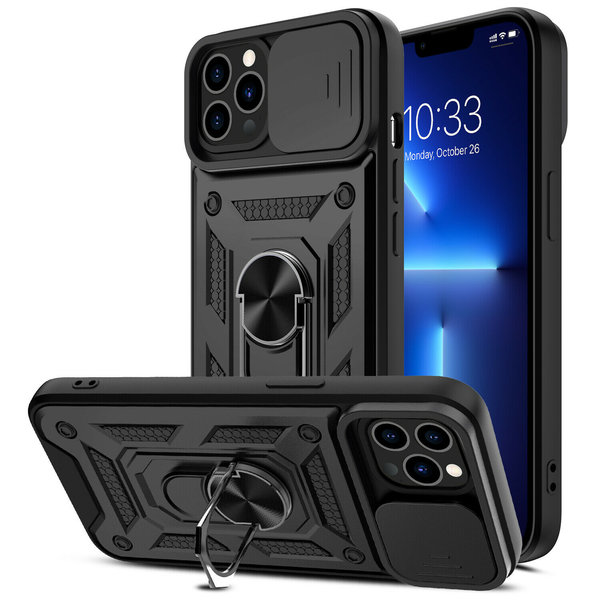 Ntech Hoesje Geschikt voor iPhone 13 Hoesje met Camera Bescherming Zwart - Hoesje Geschikt voor iPhone 13 met ring houder Rugged Armor Back Cover - Case - Camera Schuif