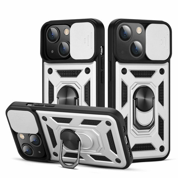 Ntech Hoesje Geschikt voor iPhone 13 Hoesje met Camera Bescherming Zilver - Hoesje Geschikt voor iPhone 13 met ring houder Rugged Armor Back Cover - Case - Camera Schuif