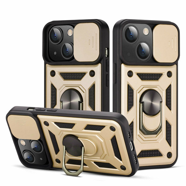 Ntech Hoesje Geschikt voor iPhone 13 Hoesje met Camera Bescherming Goud - Hoesje Geschikt voor iPhone 13 met ring houder Rugged Armor Back Cover - Case - Camera Schuif