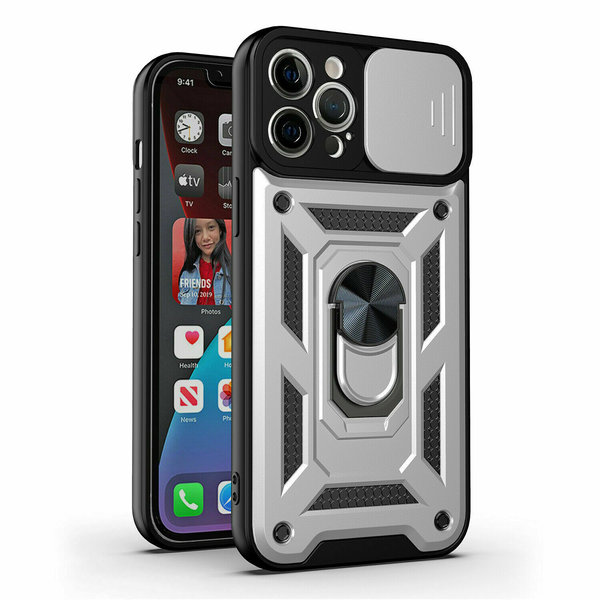 Ntech Hoesje Geschikt voor iPhone 13 Pro Hoesje met Camera Bescherming Zilver – met ring houder Rugged Armor Back Cover - Case - Camera Schuif