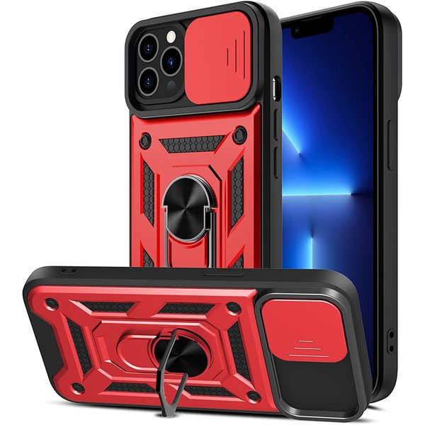 Ntech Hoesje Geschikt voor iPhone 13 pro Hoesje met Camera Bescherming Rood – met ring houder Rugged Armor Back Cover - Case - Camera Schuif