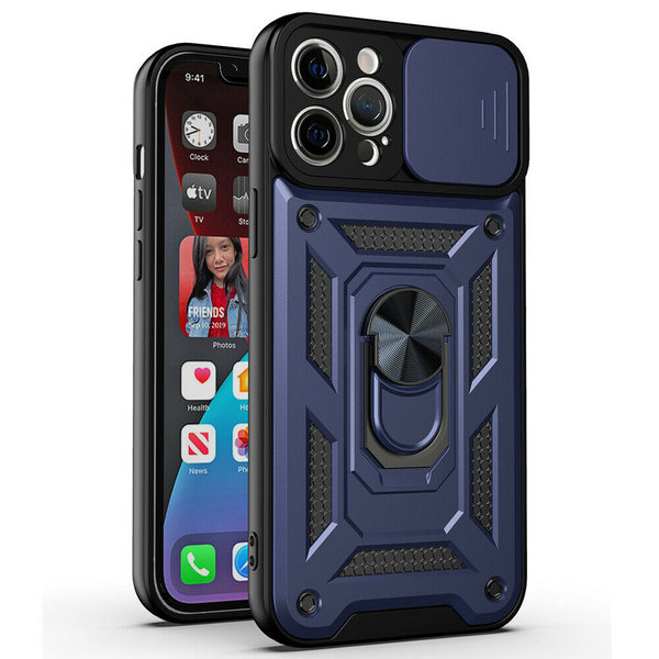 Ntech Hoesje Geschikt voor iPhone 13 pro Hoesje met Camera Bescherming Blauw –  met ring houder Rugged Armor Back Cover - Case - Camera Schuif