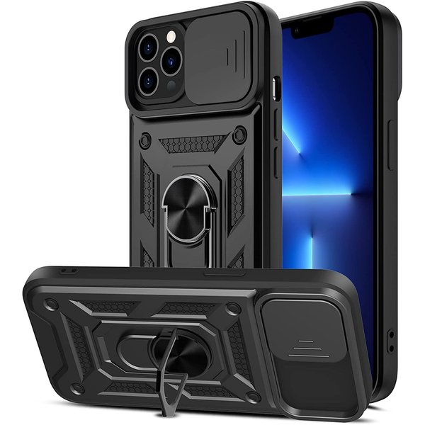 Ntech Hoesje Geschikt voor iPhone 13 pro Hoesje met Camera Bescherming Zwart – met ring houder Rugged Armor Back Cover - Case - Camera Schuif
