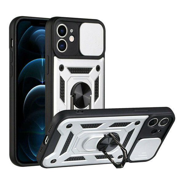 Ntech Hoesje Geschikt voor iPhone 13 Mini Hoesje met Camera Bescherming Zilver – met ring houder Rugged Armor Back Cover - Case - Camera Schuif