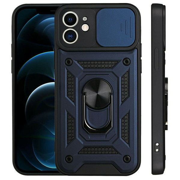 Ntech Hoesje Geschikt voor iPhone 13 Mini Hoesje met Camera Bescherming Blauw – met ring houder Rugged Armor Back Cover - Case - Camera Schuif