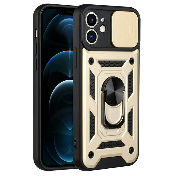 Ntech Hoesje Geschikt voor iPhone 13 Mini Hoesje met Camera Bescherming Goud – met ring houder Rugged Armor Back Cover - Case - Camera Schuif