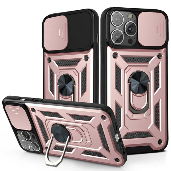 Ntech Hoesje Geschikt voor iPhone 13 Pro Max Hoesje met Camera Bescherming Rosegoud – met ring houder Rugged Armor Back Cover - Case - Camera Schuif