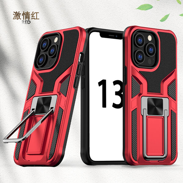Ntech Hoesje Geschikt voor iPhone 13 Pro – Schokbestendig Ultra Slim Soft TPU Cover met kicktand Ringhouder – Rood