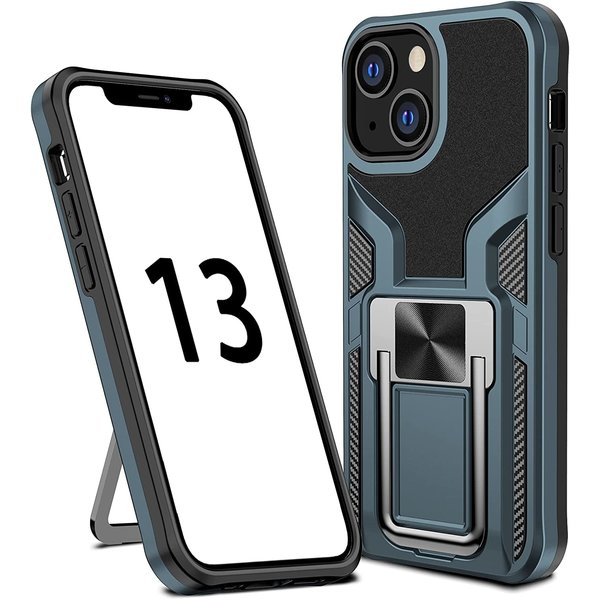 Ntech Hoesje Geschikt voor iPhone 13 Pro – Schokbestendig Ultra Slim Soft TPU Cover met kicktand Ringhouder – Cyan